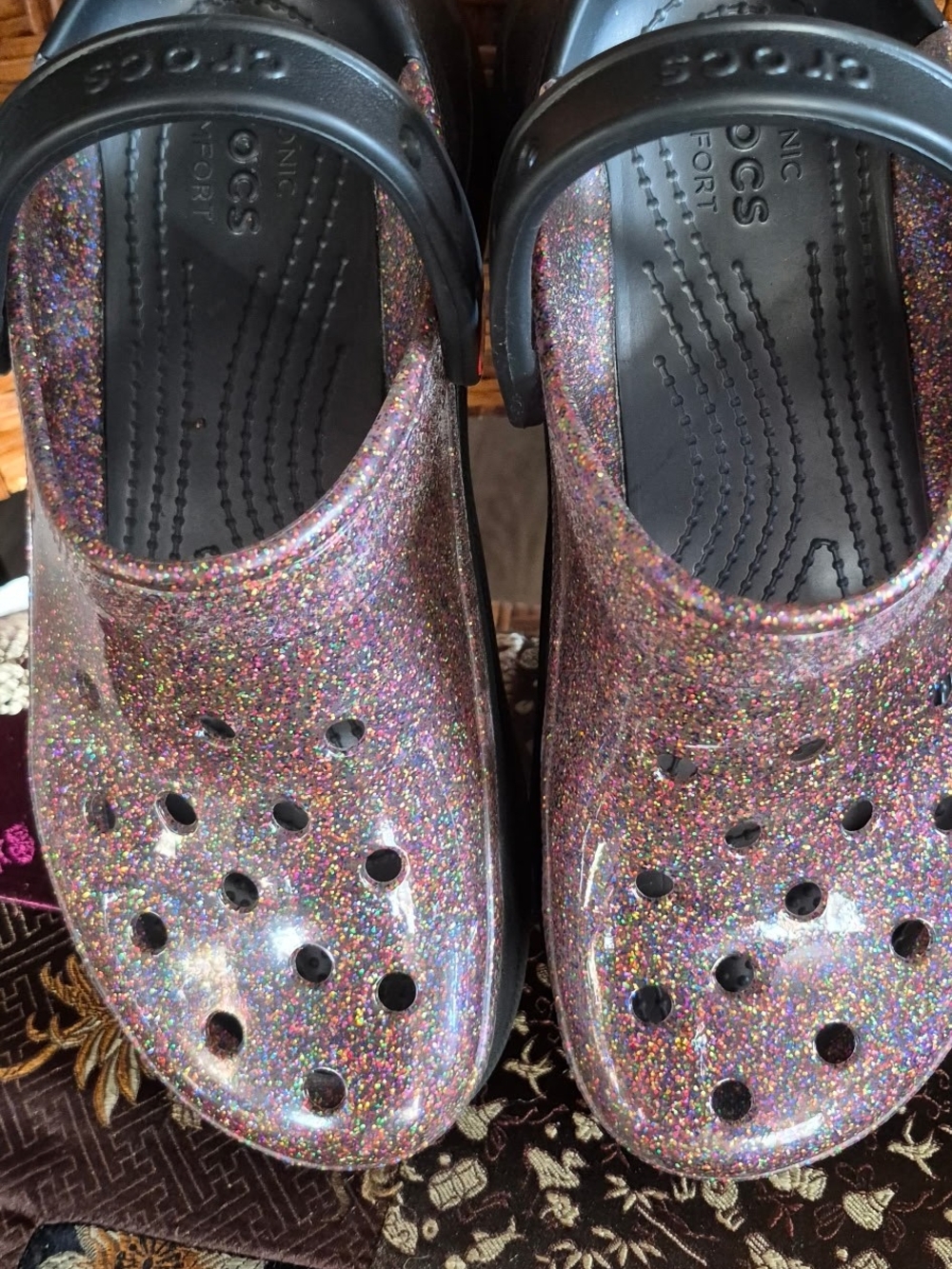 CROCS Glitter Slip-On Clogs in Multi-Glitter with Black Strap